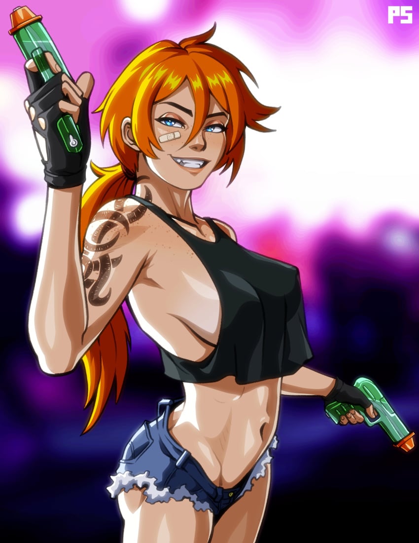 1girls absurd_res bandaid bandaid_on_cheek black_lagoon blue_eyes cosplay female female_only fingerless_gloves freckles gardnerverse jean_shorts long_hair minishorts narrowed_eyes orange_hair pumpkinsinclair revy_(cosplay) sam_gardner sideboob solo tank_top tattoo_on_arm teeth_showing tied_hair water_gun