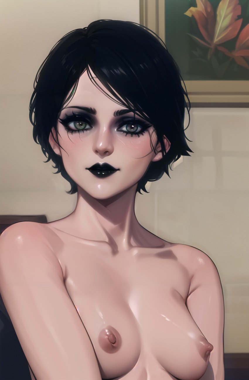 ai_generated black_hair black_lipstick breasts female gothic iris_von_everec light-skinned_female looking_at_viewer mascara mascara_tears nipples sakermazov solo the_witcher_(series) the_witcher_3:_wild_hunt