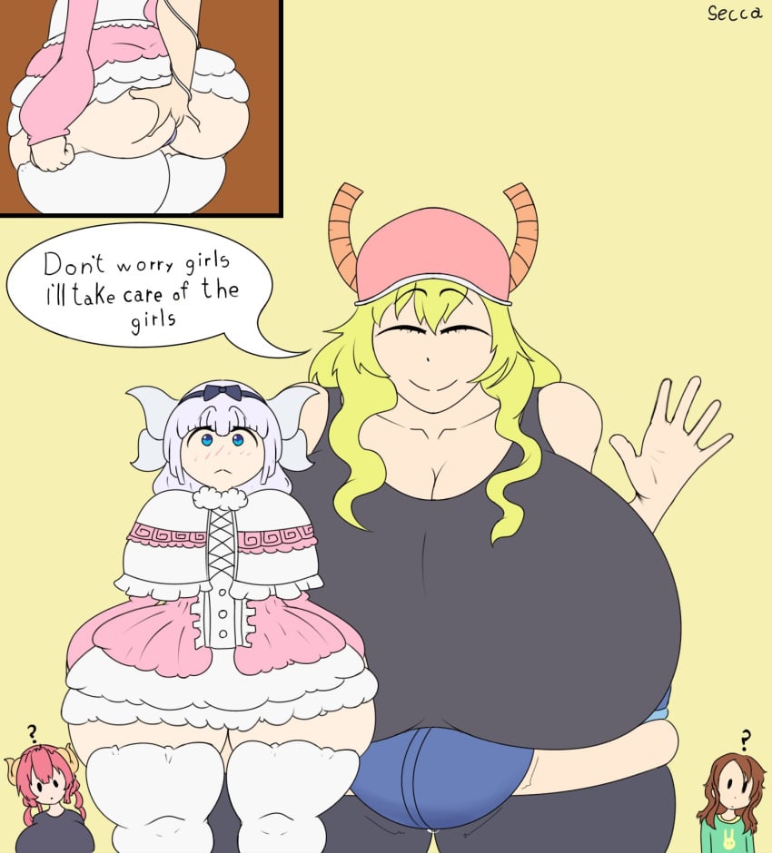 1futa ? ass ass_grab big_breasts breasts dragon dress futanari gigantic_breasts hat horns ilulu_(dragon_maid) kanna_kamui miss_kobayashi&#039;s_dragon_maid obscene_female_body pink_hat question_mark quetzalcoatl_(dragon_maid) secca_(artist) tagme thighhighs yellow_hair