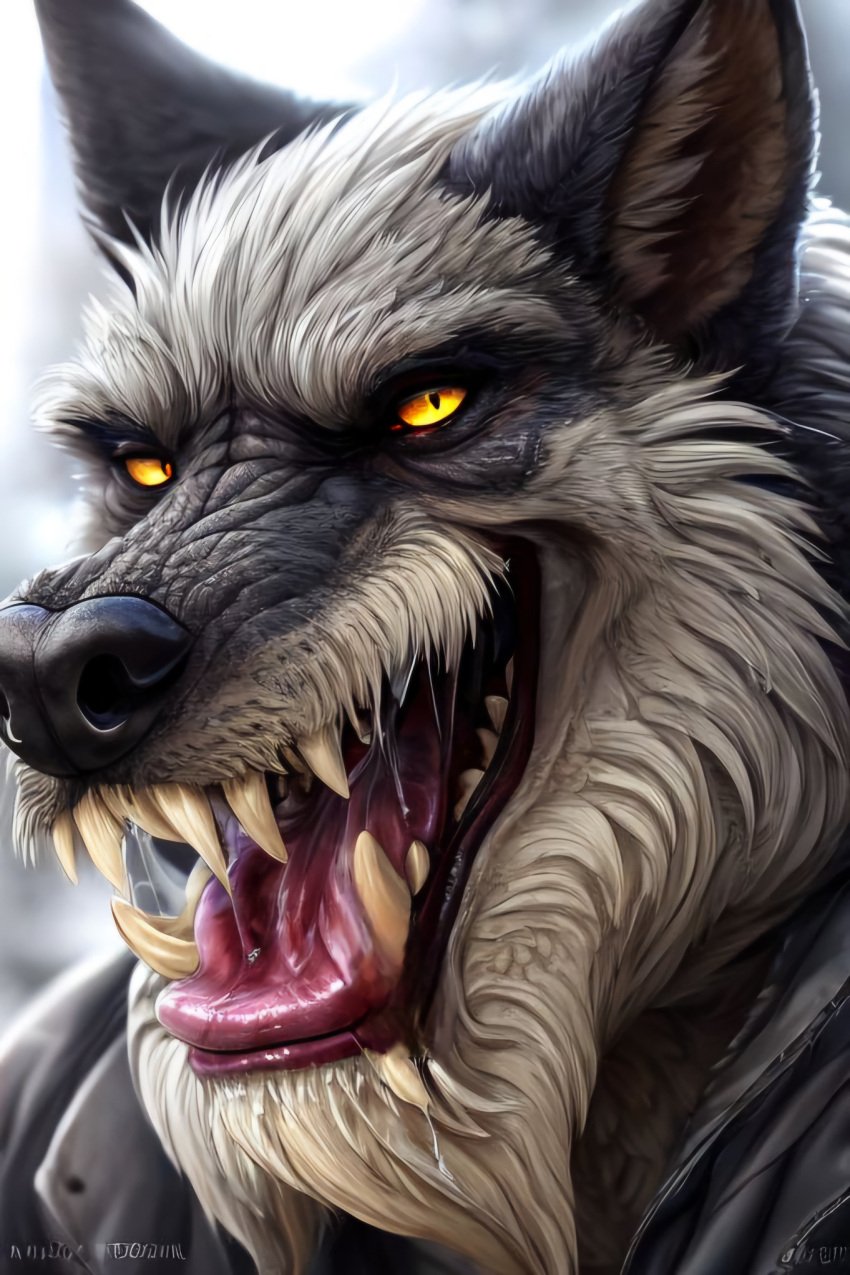 absurd_res ai_generated anthro attempted_signature beard bodily_fluids canid canine canis drooling elderly_male facial_hair fangs fur hi_res lips looking_at_viewer male mammal mouth_shot old open_mouth pupils saliva slit_pupils solo teeth tongue were werecanid werecanine werewolf wolf yellow_eyes