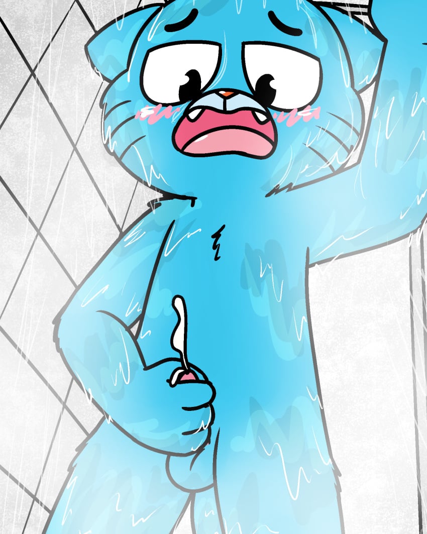 1boy anthro balls blush cartoon_network cub cum domestic_cat fangs feline gumball_watterson hi_res jerking_off male male_only masturbation nude open_mouth penis pokefound shower solo the_amazing_world_of_gumball tongue wet young