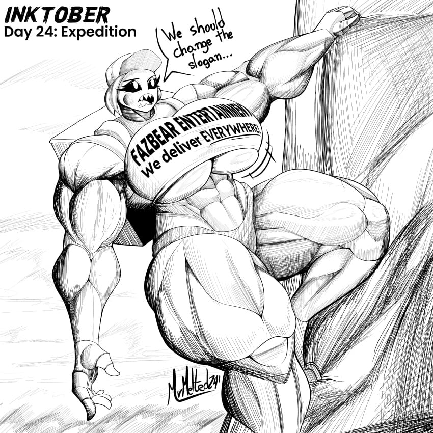 1girls abs animatronic biceps big_breasts black_sclera breasts busty climbing dialogue female female_only five_nights_at_freddy's huge_breasts inktober large_breasts mrmelted png robot robot_girl shirt shorts solo text text_on_clothing thick_thighs thunder_thighs toy_chica_(fnaf) underboob wide_hips