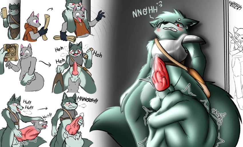 animal_genitalia anthro ball_bulge blush bodily_fluids bounty_hunter canid canine canis cock_vore cum duo genital_fluids genitals hi_res holding_penis isari_(kasamiru) kasamiru knot male male/male mammal penile penis precum sheath size_difference urethral vore warino_(kasamiru) wolf