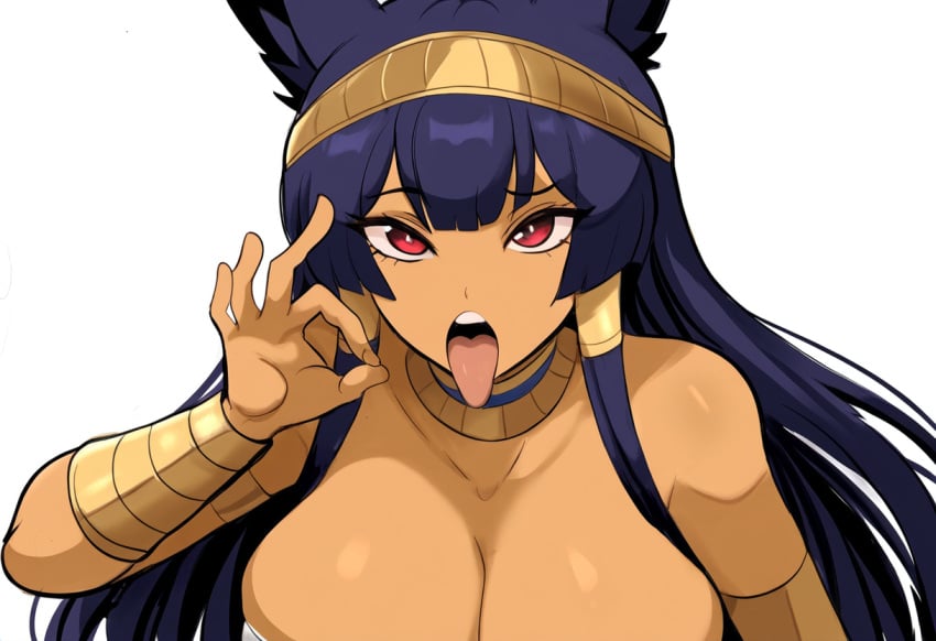 1girls ai_generated animal_ears anubis dark-skinned_female dark_skin egyptian egyptian_mythology facing_viewer fellatio_gesture female goddess inviting_to_sex jackal large_breasts looking_at_viewer mullon mythology novelai open_mouth solo suggestive suggestive_gesture tongue