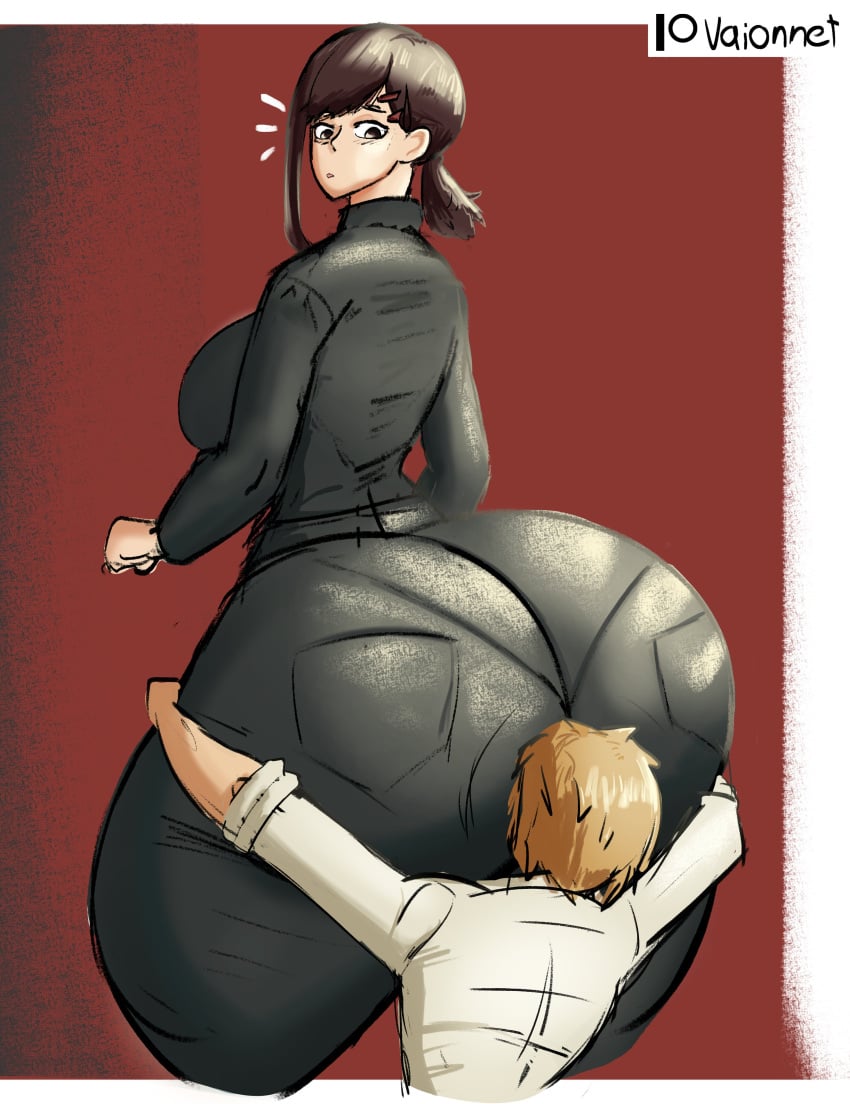 1boy 1girls anime ass ass_worship big_ass big_butt bigger_female black_clothes black_hair black_hair_female bottom_heavy bottom_heavy_female butt_worship chainsaw_man clothed clothed_female clothed_male denji_(chainsaw_man) female female_focus giantess height_difference higashiyama_kobeni huge_ass huge_butt kobeni_higashiyama larger_female male manga massive_ass massive_thighs mini_giantess pantylines questionable_consent shorter_male size_difference smaller_male vaionnet white_clothes