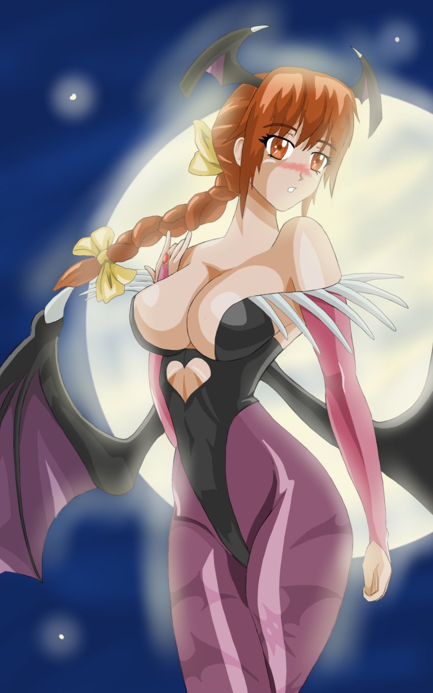 blush braid breasts bridal_gauntlets brown_eyes brown_hair cleavage cosplay covered_navel crossover darkstalkers dead_or_alive female kasumi_(doa) large_breasts leotard moon morrigan_aensland morrigan_aensland_(cosplay) night open_mouth pantyhose skin_tight solo tagme wings zelgi