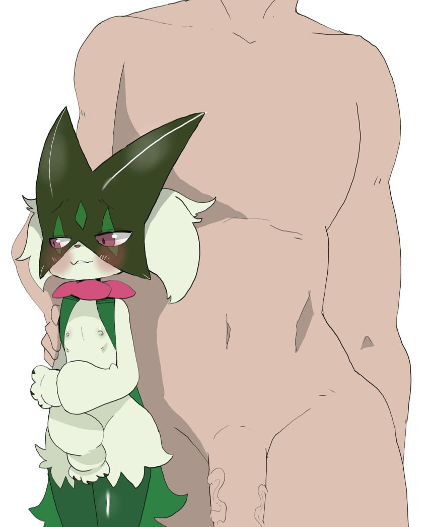 anthro areola biped blush breasts cervikalova duo female fur generation_9_pokemon genitals green_body green_fur half-erect hi_res human male male/female mammal meowscarada mouth_closed navel nintendo nipples nude penis pink_body pink_eyes pink_nose pokemon pokemon_(species) simple_background small_breasts vein veiny_penis white_background