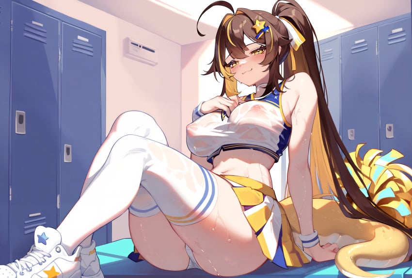 1girls ai_generated breasts brown_hair cheerleader cheerleader_uniform e-sekai eel eel_girl idol-en idol_corp juna_unagi large_breasts light-skinned_female panties ponytail skirt_lift sneakers two_tone_hair upskirt virtual_youtuber vtuber white_panties yellow_eyes yellow_hair