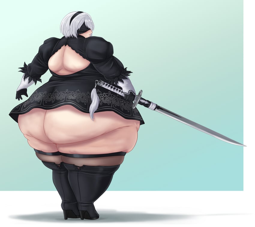 1girls ass ass_focus back_view bbw cellulite female female_only gigantic_ass huge_ass huge_hips nepirou nier:_automata overweight overweight_female solo solo_female standing weight_gain wide_hips yorha_2b