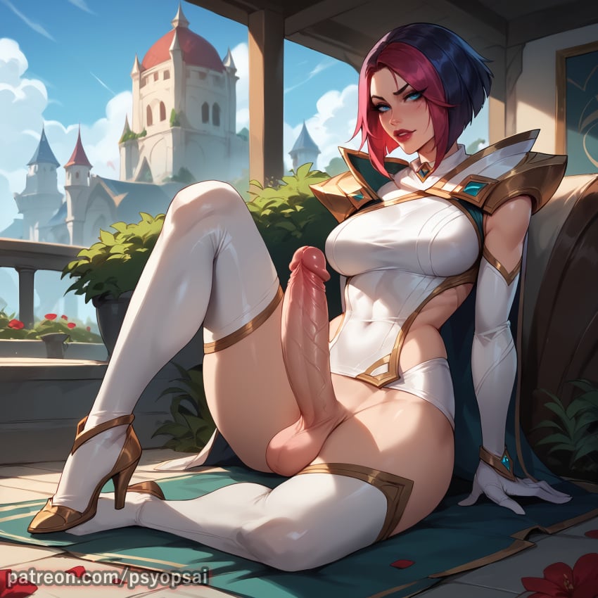 1futa ai_generated artist_name artist_psyopsai big_penis clothed clothing colored digital_media_(artwork) erection fiora_laurent front_view futa_only futanari huge_cock league_of_legends short_hair solo solo_focus uncensored watermark