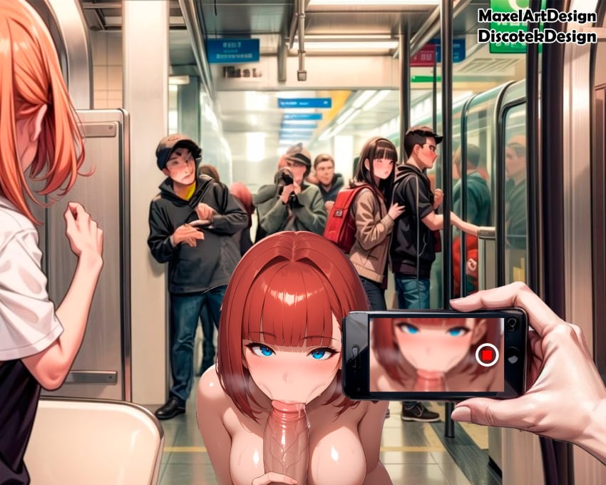 ai_generated big_breasts big_penis crowd_watching exhibitionism red_hair slut sucking sucking_penis train train_station