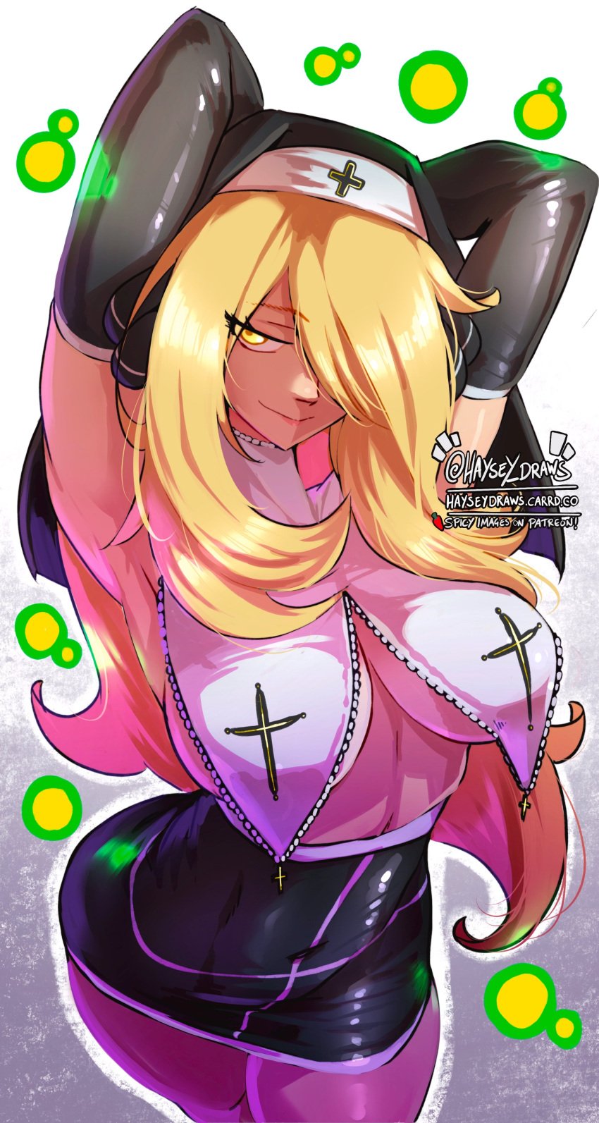 1girls alternate_costume blonde_hair breasts cynthia_(pokemon) game_freak hair_over_one_eye haysey_draws light-skinned_female light_skin long_hair naughty_face nun pokemon pokemon_dppt seductive seductive_look thighs