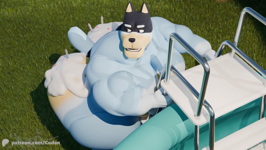 16:9 1boy 3d 3d_model 3d_render anthro ass bandit_heeler bara bara_ass bara_tiddies bara_tits big_ass big_butt birthday_cake birthday_candle bluey_(series) bluey_(show) bubble_butt cake canid canine codans daddy dilf furry gay huge_ass huge_butt humanoid kemono male male_only mature_male muscular muscular_male wide_hips