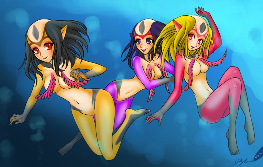 3girls blue_submarine_no._6 breasts curvy female grey_hair humanoid long_hair looking_at_viewer marine migs308 miguel_iglesias monster_girl mutio mutio_twins pointy_ears red_eyes trio underwater wide_hips