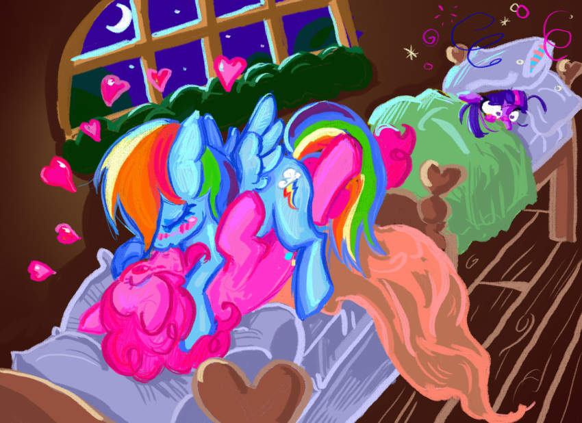 2013 bed bedroom blue_fur blush closed_eyes cutie_mark equine female feral friendship_is_magic group hair heart horse inside kissing moon multicolored_hair my_little_pony night pegasus pillow pink_fur pink_hair pinkie_pie_(mlp) pony purple_eyes purple_fur purple_hair rainbow_dash_(mlp) rainbow_hair superkeen twilight_sparkle_(mlp) wings yuri