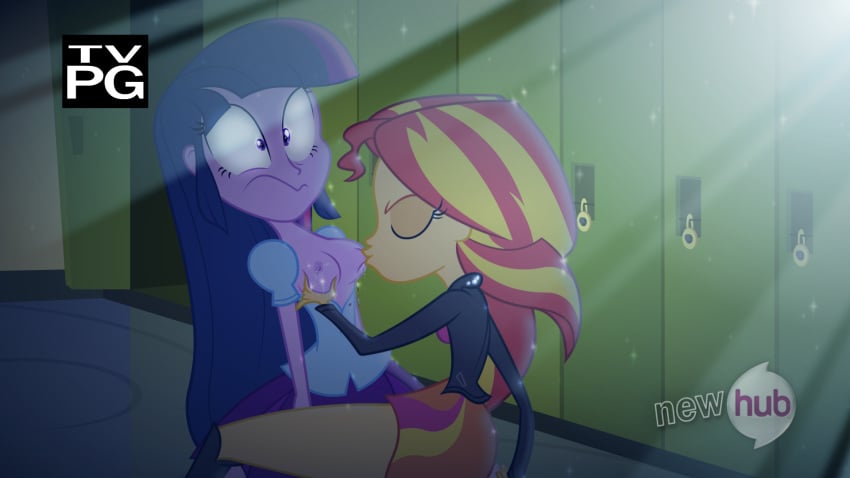 2girls accurate_art_style breast_grab breast_sucking breasts closed_eyes equestria_girls fake_screenshot female female_only friendship_is_magic hallway highres hub_logo human jacket leather_jacket lockers long_hair molestation multicolored_hair multiple_girls my_little_pony no_bra open_clothes parody purple_eyes purple_skin saliva skirt sunset_shimmer supersouthmoor twilight_sparkle yellow_skin yuri