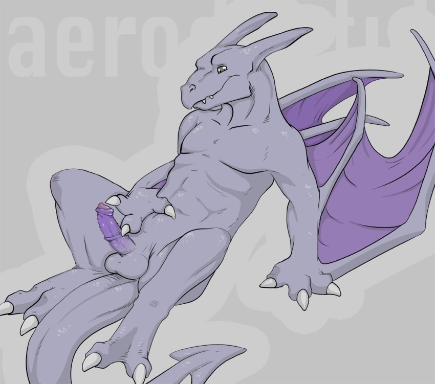 2_toes 3_fingers aerodactyl anthro artist_request barefoot claws closed_mouth color erection green_eyes grey_skin horns male male_only nintendo nude open_eyes penis pokemon purple_skin sharp_teeth sitting solo source_request spade_tail species_name tail testicles tojo-the-thief wings year_request