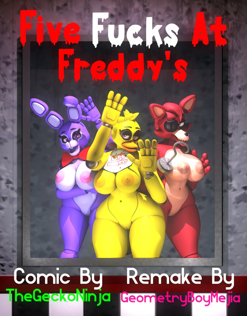 3d 4_fingers absurd_res bib bonnie_(fnaf) bow_tie breasts canid canine chica_(fnaf) english_text eye_patch eyeshadow eyewear female fingers five_nights_at_freddy's fox foxy_(fnaf) geometryboymejia group hi_res hook hook_hand hybrid lagomorph leporid makeup mammal profanity rabbit text thegeckoninja video_games