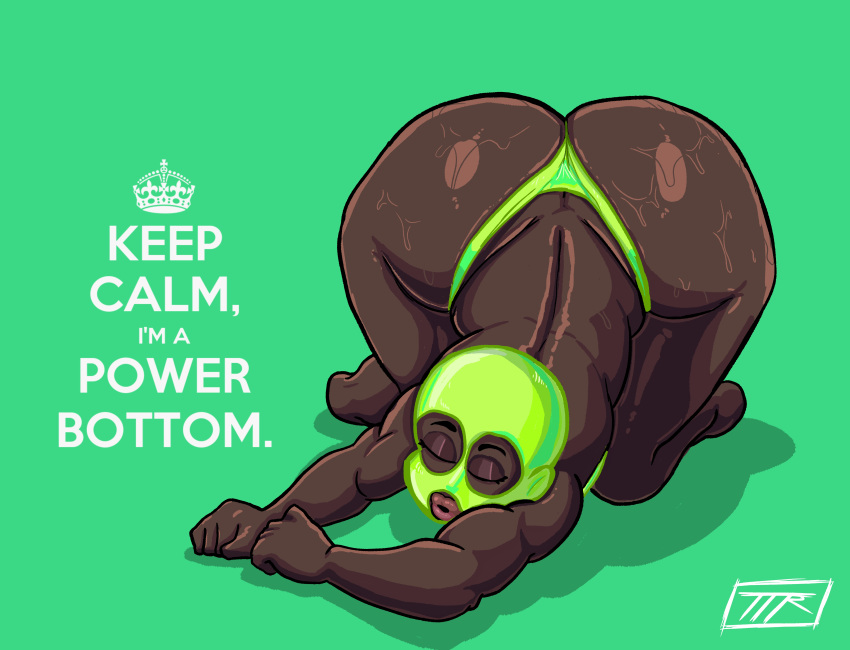 1boy artist_logo ass_cleavage bending_down bending_forward bending_over bent_over big_ass big_butt bubble_ass bubble_butt butt_crack dark-skinned_femboy dark-skinned_male digital_media_(artwork) femboy gay green_background green_clothing green_mask green_thong green_underwear hi_res highres kojoarts male male_only mask naughtypaw_(artist) on_knees poster power_bottom shiny_skin ski_mask skimpy_clothes slutboy solo sweat sweatdrop ttherandom tthrandom tthrandom_rp