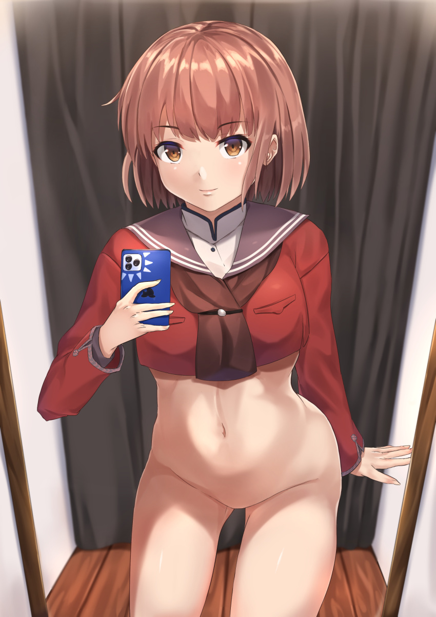 arm_behind_back bangs blunt_bangs bob_cut bottomless breasts brown_eyes brown_hair brown_neckwear brown_sailor_collar cellphone changing_room collar commentary crop_top curtains eyebrows_visible_through_hair female highres holding holding_phone indoors kantai_collection light_blush light_smile long_sleeves looking_at_viewer mirror navel neckerchief no_panties no_pants phone red_shirt ryouya sailor_collar school_uniform self_shot shirt short_hair smartphone solo standing tan_yang_(kantai_collection) tie_clip white_collar white_shirt wooden_floor yukikaze_(kantai_collection)