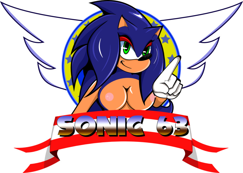 anthro blue_fur blue_hair breasts closed_mouth color exclamation(artist) female female_only front_view fur furry furry_ears gloves green_eyes hair hedgehog looking_at_viewer nipples nude open_eyes pink_nipples pointing pointy_ears rule_63 solo sonic_(series) sonic_the_hedgehog tan_skin