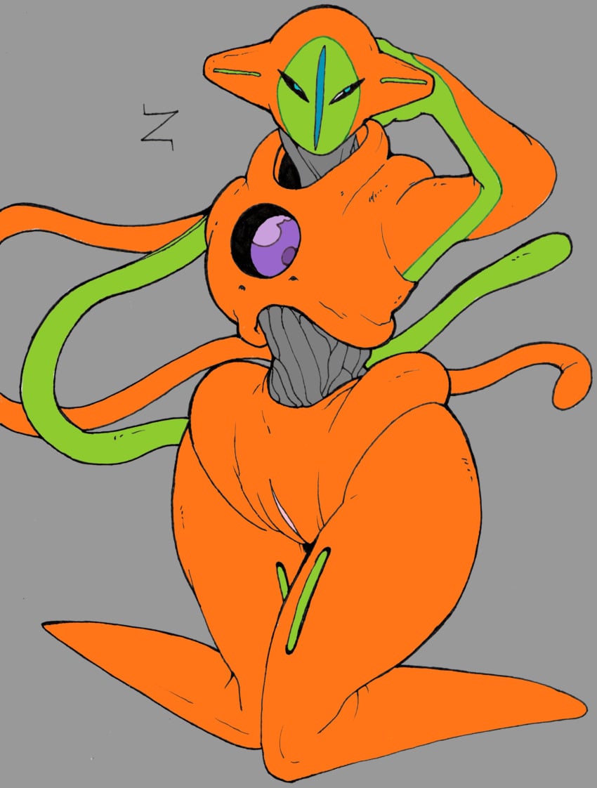 anthro color deoxys female female_only front_view grey_background kneeling nudity pokemon pokemon_(species) solo zabraxas