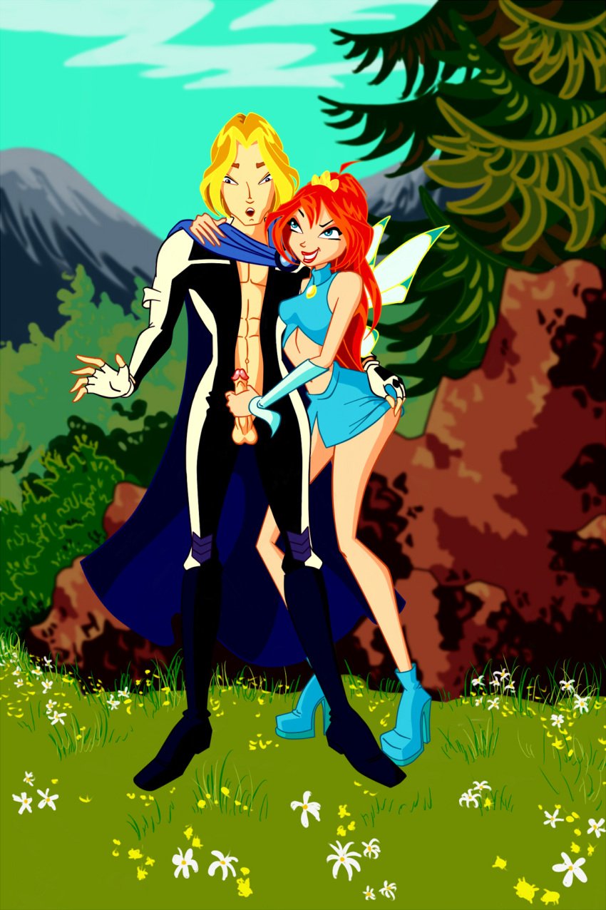 1boy 1girls ass blonde_hair bloom_(winx_club) blue_eyes breasts canon_couple charmix fairy fairy_wings female hand_on_ass handjob high_heels male orange_hair rainbow_(animation_studio) red_hair sky_(winx_club) smile smiling surprised tagme thin_waist winx_club zfive