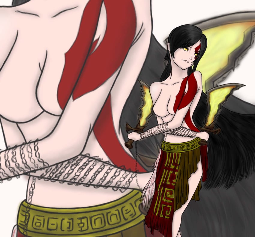 black_hair breasts chain clothes color dual_wielding female female_only front_view genderswap genderswap_(mtf) god_of_war hair holding holding_sword kratos kratos_(female) open_eyes overhand_grip rule_63 solo sword topless weapon yellow_eyes