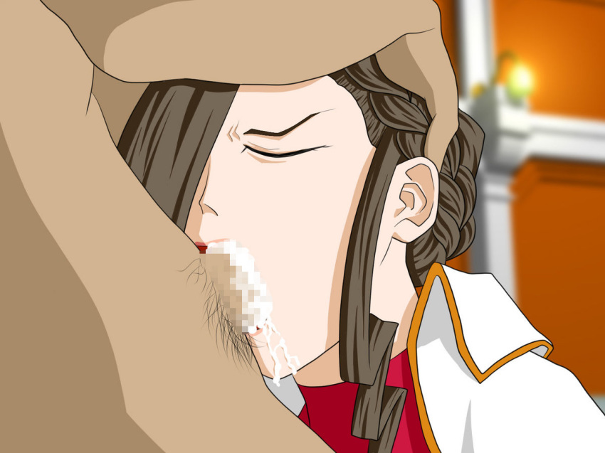 braid braided_hair brown_eyes brown_hair cum_in_mouth cum_in_throat deepthroat gag gagging gyakuten_saiban hakari_mikagami head_grab oral pale_skin red_lipstick slim tagme