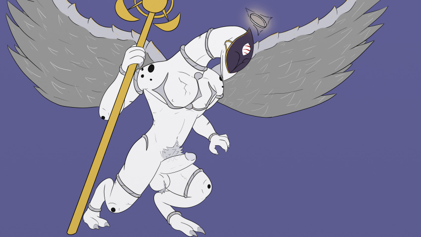 affinity angel anthro avian ball_tuft balls bayonetta claws erection feathers halo hi_res humanoid humanoid_penis male male_only mask nipples nude penis pubes solo staff video_games vigmarr wings