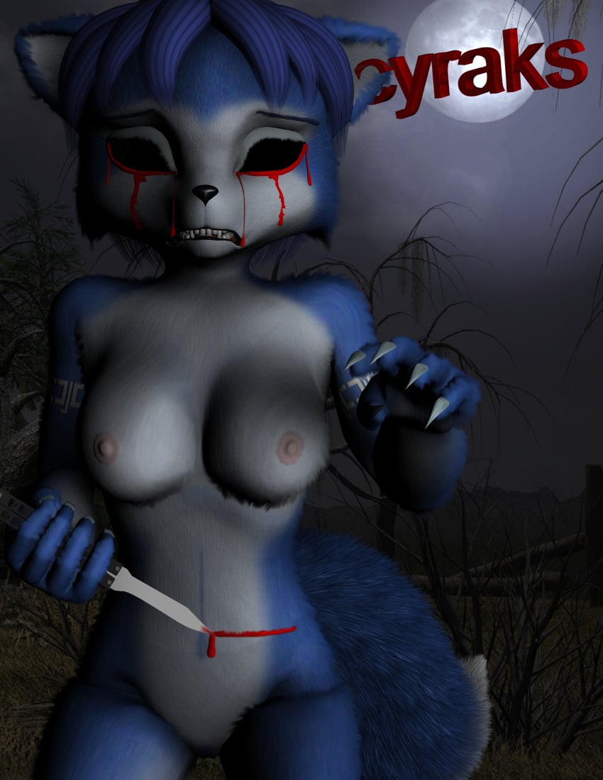 3d black_nose bleeding blood blood_stain bloody_knife bloody_tear blue_fur blue_hair breasts color cyraks ears exposed_breasts female female_only fox fur furry furry_breasts furry_ears furry_tail gore guro hair incision injury knife krystal moon night nose nudity outdoors pointy_ears self_harm solo star_fox tail underhand_grip white_fur wound