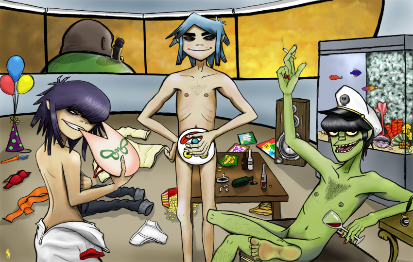 1girls 2d_(gorillaz) 2d_(plastic_beach) 3boys artist_request ass bra casual cigarette covering covering_breasts cyborg_noodle female gorillaz headgear human looking_at_viewer looking_back male mask murdoc_niccals musician navel nipples no_visible_genitalia noodle_(gorillaz) noodle_(plastic_beach) nude nudity pale_skin popcorn pubic_hair russel_hobbs sideboob underwear undressed wine wine_glass