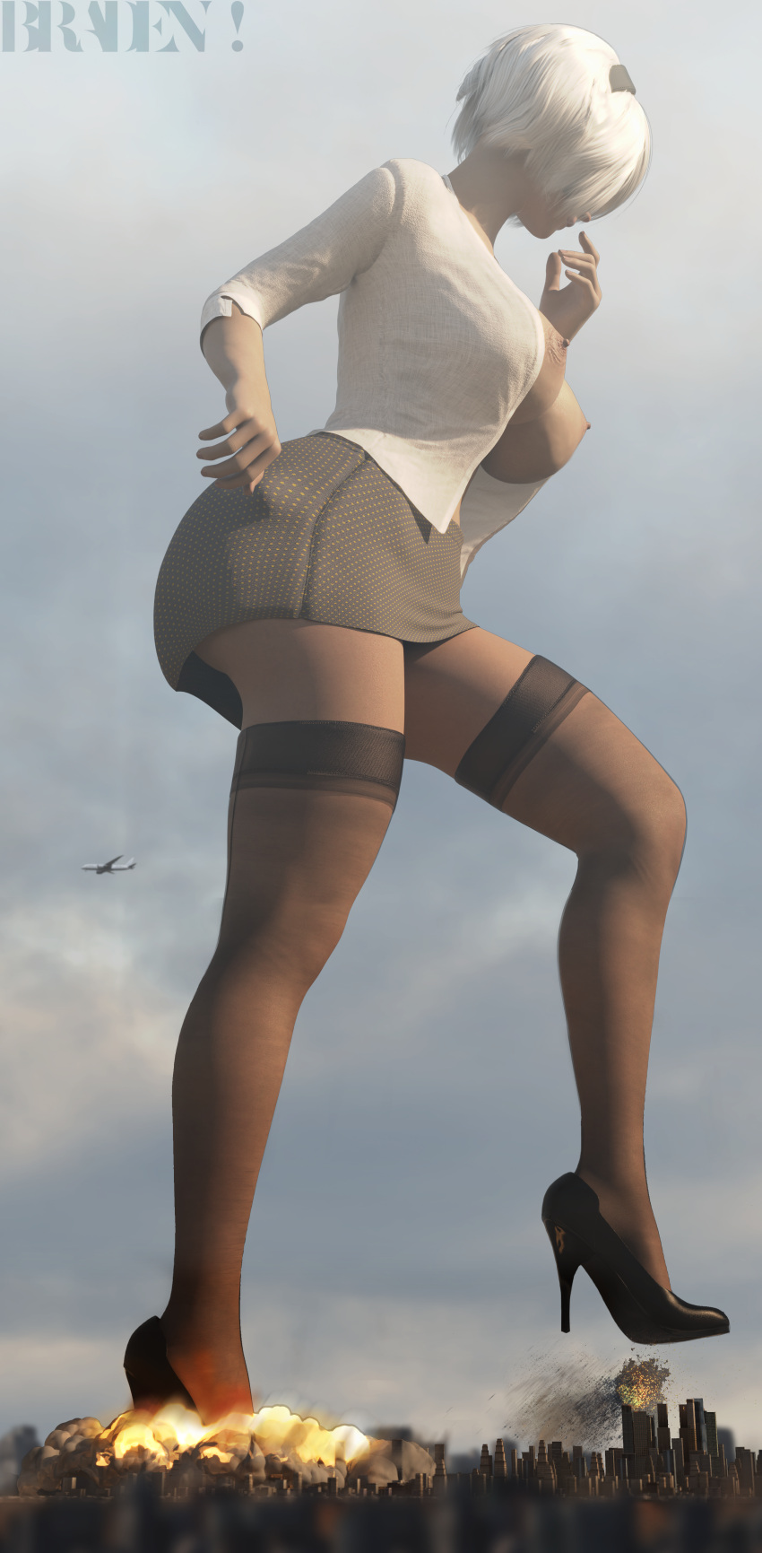 1girls 3d areolae ass_in_dress big_breasts blindfold bradengts breasts city destruction female giantess light-skinned_female light_skin macro nier nier:_automata nipples office_lady white_hair yorha_2b