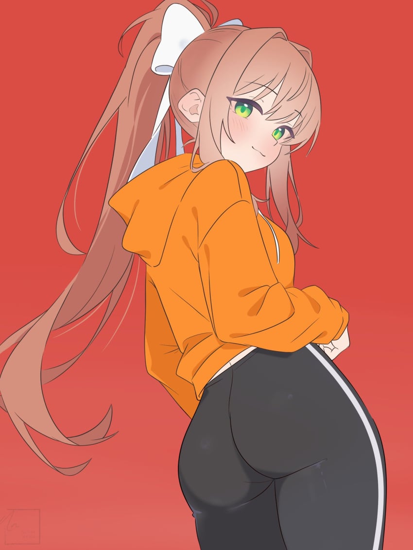 1girls artist_request ass brown_hair butt doki_doki_literature_club female fully_clothed green_eyes hoodie long_hair looking_at_viewer looking_back monika_(doki_doki_literature_club) pants ponytail solo