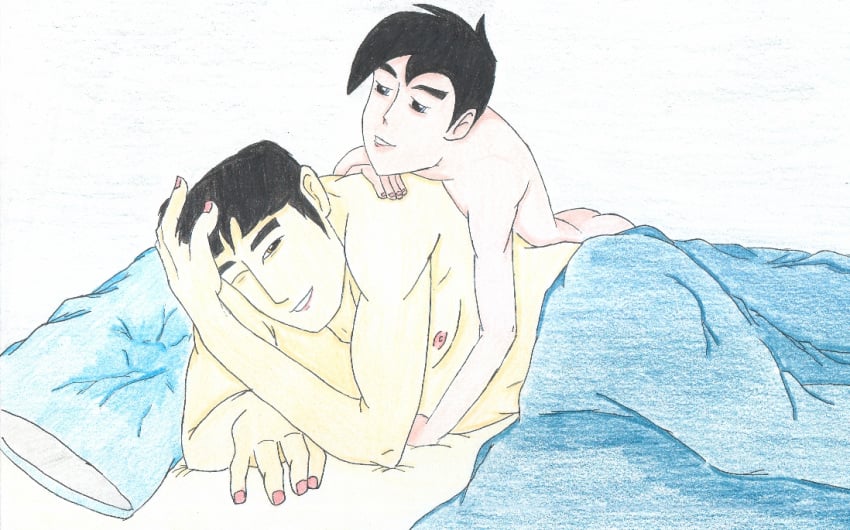 2boys asian bed black_hair danny_fenton danny_phantom erect_nipples gay hand_on_own_head inviting_to_sex kwan looking_at_partner looking_at_viewer male male_only nude one_eye_closed yaoi