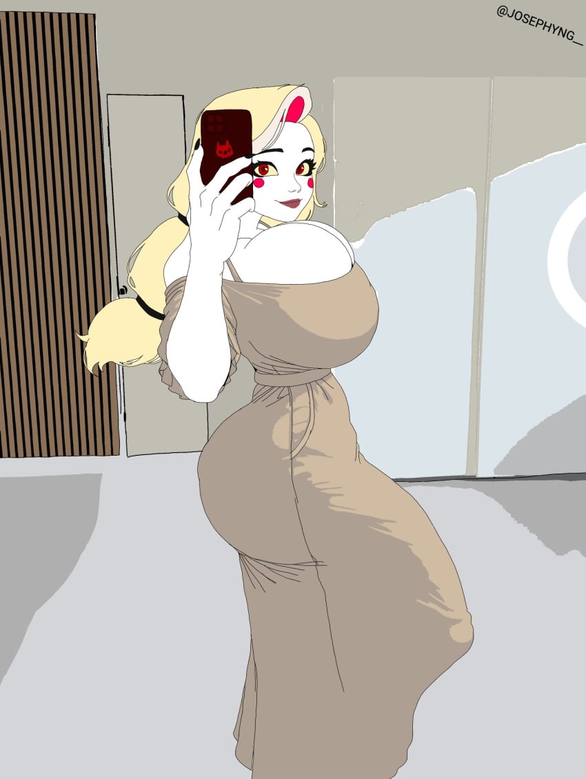 big_breasts big_bulge big_penis blonde_hair bulge charlie_morningstar_(hazbin_hotel) dress futa_only futanari hazbin_hotel huge_breasts huge_cock large_breasts long_hair looking_at_viewer massive_breasts massive_penis red_eyes selfie solo solo_futa trend