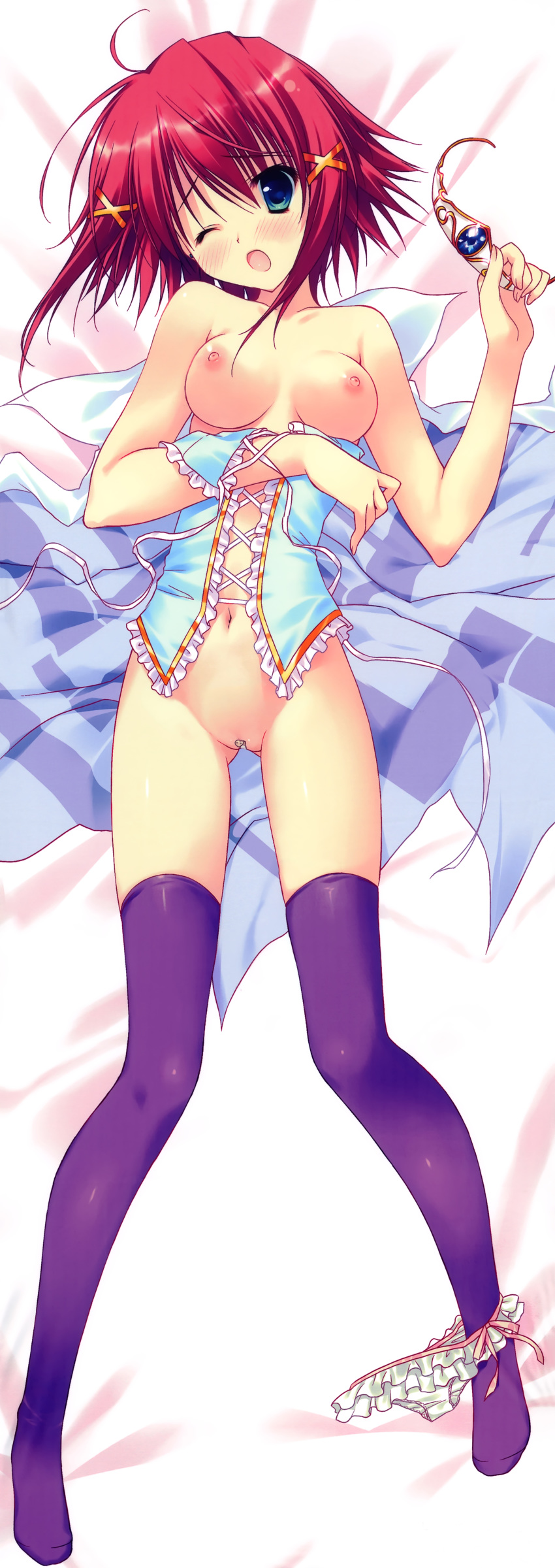 1girls bandaid bandaid_on_pussy blue_eyes blush bottomless breasts corset dakimakura female frilled_panties frills front-tie_top high_resolution legs lingerie long_image maebari mitsurugi_asuka navel nipples no_panties open_mouth panties panties_around_leg panties_around_one_leg purple_legwear red_hair ryohka ryouka_(suzuya) shaved_pussy solo tall_image thighhighs tiara underwear wink wizard_girl_ambitious