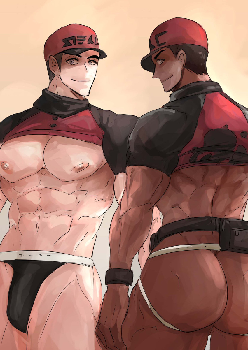 2boys ass bara bulge butt courier_(pokemon) haimanga jockstrap looking_at_viewer male male_only melanin muscles muscular muscular_male pokemon pokemon_sv shirt_lift