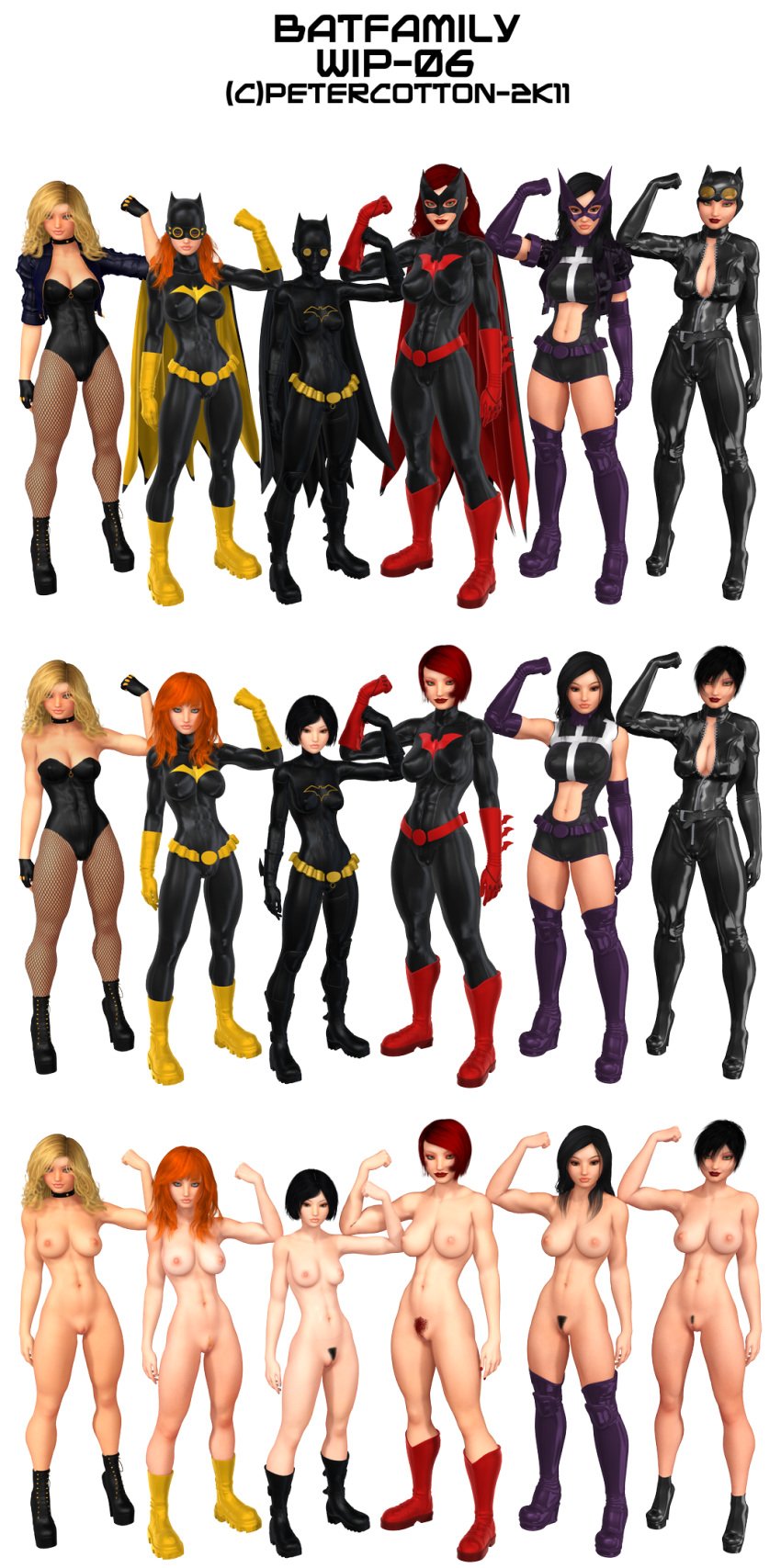 3d 6+girls 6girls abs asian barbara_gordon batgirl batgirl_(cassandra_cain) batman_(series) batwoman black_canary black_hair blonde_hair cassandra_cain casual catwoman clothing dc dc_comics dinah_lance footwear green_arrow_(series) human huntress_(dc) kate_kane multiple_girls petercotton pubic_hair red_hair selina_kyle take_your_pick