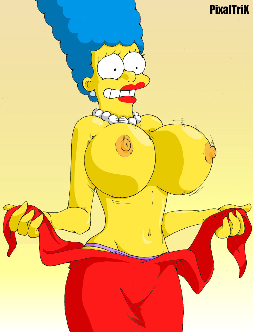 alternate_breast_size big_breasts blue_hair breasts canonical_scene clothes color dress female female_only flashing flashing_breasts hair huge_breasts human marge_simpson milf mother nipples piercing pixaltrix presenting presenting_breasts red_dress solo standing tagme the_simpsons topless undressing whoa_look_at_those_magumbos yellow_skin