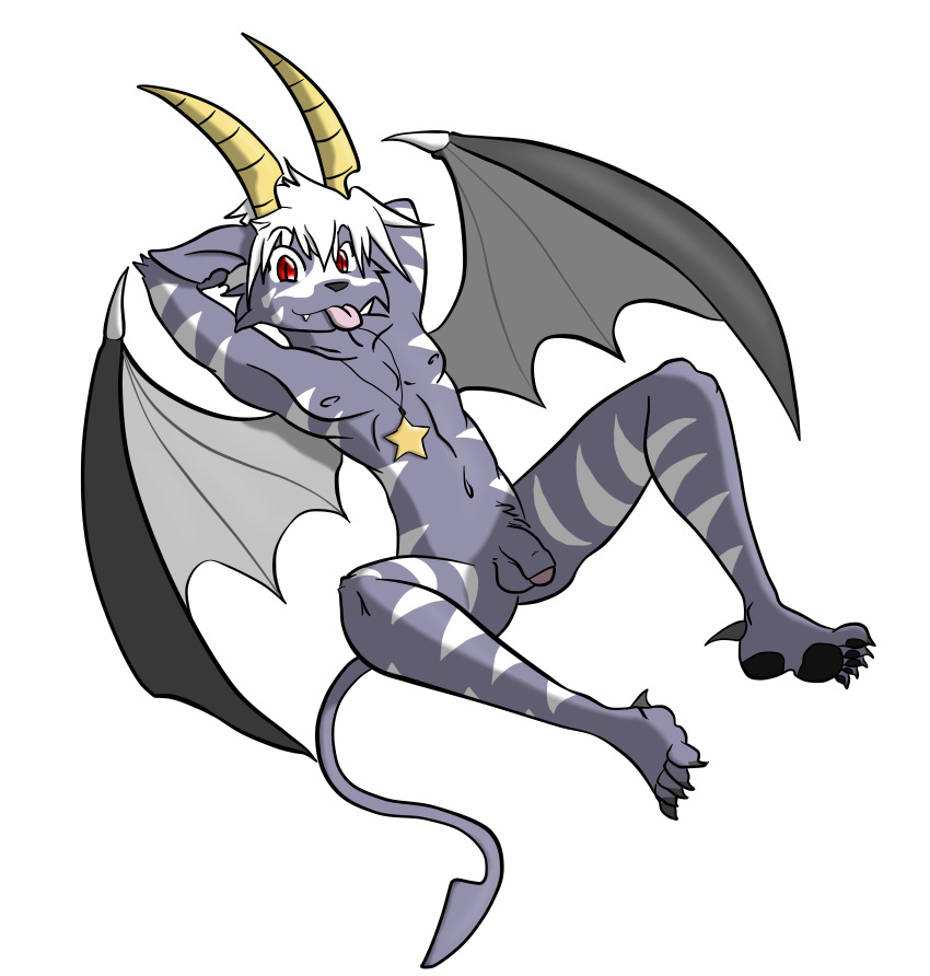 1boy animal_ear buwaro_elexion claws demon flaccid furry horns male male_only navel nipples nude pendant penis red_eyes slightly_damned smile solo tail tongue uncut webcomic white_hair wings