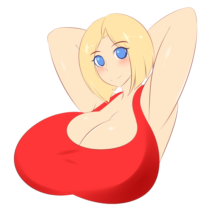 armpits arms_behind_head big_breasts blonde_hair blue_eyes blue_mary blush breasts cropped_torso fatal_fury huge_breasts jcdr king_of_fighters red_shirt snk tank_top