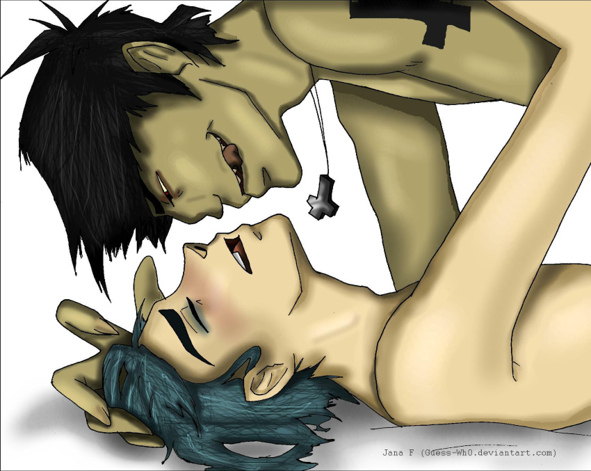 2boys 2d_(gorillaz) azure_hair blue_hair gorillaz male murdoc_niccals upside_down_cross yaoi