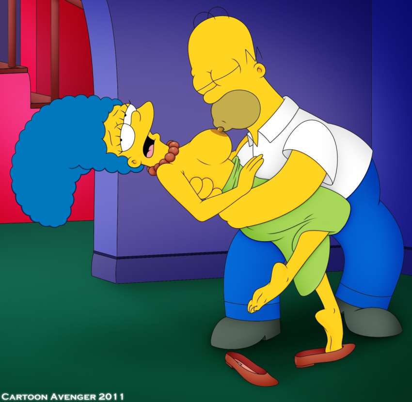 blue_hair breasts cartoon_avenger clothes color female hair homer_simpson human indoors kissing male marge_simpson nipples side_view straight tagme the_simpsons yellow_skin