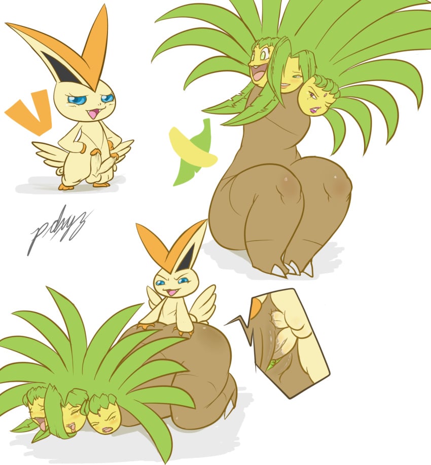 1boy 1girls armless erection exeggutor furry interspecies nintendo oddrich pdxyz penis pokémon_(species) pokemon pokemon_bw sex straight testicles text victini wide_hips