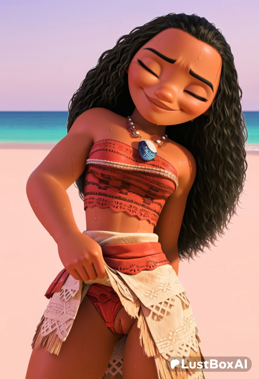 1girls ai_generated artist_name bare_shoulders beach black_hair breasts closed_eyes clothes_lift clothing_aside cowboy_shot dark-skinned_female dark_skin disney disney_princess facing_viewer female_human flashing forehead hi_res jewelry lifted_by_self long_hair lustboxai moana moana_2 moana_waialiki necklace ocean outdoors panties panties_aside pussy sarong skirt skirt_lift small_breasts smile solo strapless strapless_bikini sweat swimsuit tribal tube_top uncensored underwear very_dark_skin