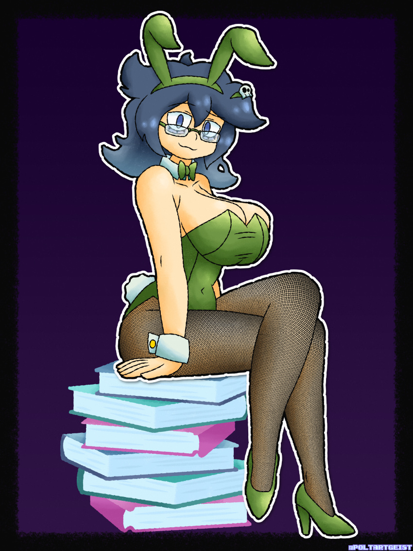 1girls 2026 2d :3 animal_ears artist_name big_breasts blue_eyes blue_hair book_stack books bow breasts bunny_ears bunnysuit cleavage color crossed_legs cuffs errordisc eyebags fake_animal_ears female fishnets ghost ghost_girl glasses gradient_background gradient_hair heels hi_res huge_breasts light-skinned_female light_skin long_hair looking_at_viewer messy_hair nichtgeist oc original_character simple_background sitting skyla_(errordisc) smug smug_face two-tone_hair uncensored