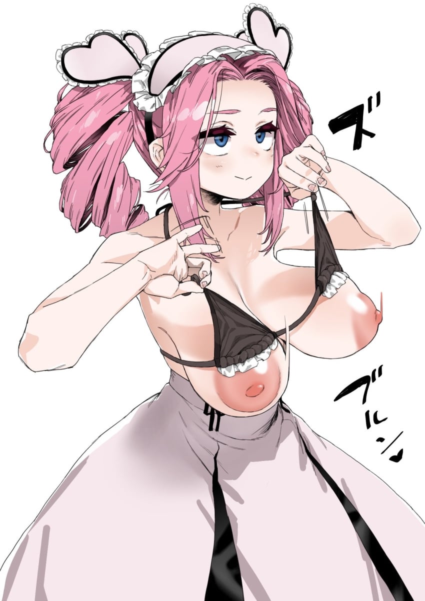 1girl 1girls :> bikini bikini_top_lift blue_eyes blush breast_drop breasts clothes_lift commentary_request dress drill_hair forehead frilled_bikini frilled_hairband frills hairband highres huge_breasts large_areolae lifting_own_clothes maid mukago_(mukagomumumu) nipples pink_hair shikoku_metan solo swimsuit twin_drills utau voicevox white_background white_dress