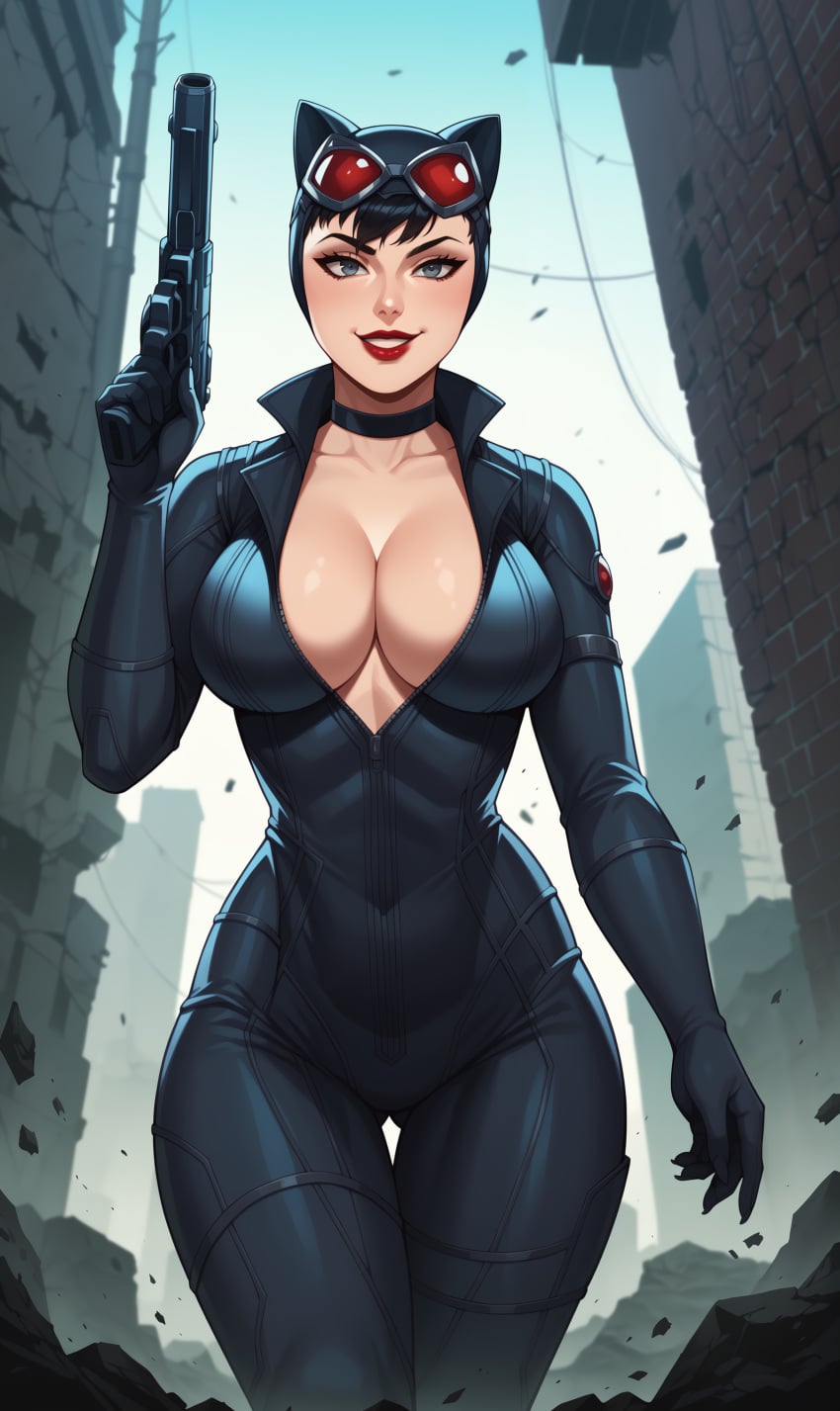 1girl 4k ai_generated batman_(series) black_bodysuit black_hair bodysuit catwoman choker cleavage curvy dc_comics female female_only goggles goggles_on_head grey_eyes gun her_brother_drives_a_subaru high_quality huge_breasts lipstick makeup pistol self_upload selina_kyle skin_tight smirk solo stable_diffusion thigh_gap tight_clothing walking weapon