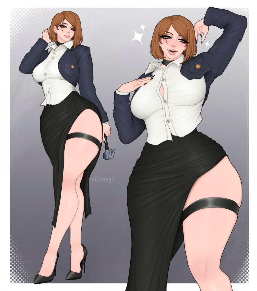 1girls 2020s 2026 2d 2d_(artwork) 2d_artwork 5_fingers artist_logo artist_name asian asian_female belt big_hips big_thighs blush blush_lines blushing boobs breasts brown_hair brown_hair_female buttons clothed clothed_female clothes curvy curvy_body curvy_female curvy_figure curvy_hips curvy_thighs digital_drawing_(artwork) digital_media digital_media_(artwork) ear_piercing ear_ring earrings ears eyebrows eyelashes eyes eyes_half_closed eyes_half_open eyes_open female female_focus female_only fingernails fingers girl hair hammer heels high_heels hips holding holding_object hourglass_figure human_female humanoid jacket japanese japanese_female jujutsu_kaisen kugisaki_nobara light-skinned_female light_skin light_skin_female light_skinned lips long_skirt looking_at_viewer nail_polish nailpolish nails nails_painted neck_ribbon no_dialogue nobara_kugisaki painted_fingernails painted_nails pierced_ears piercing sexually_suggestive sexy sexy_body sexy_female shounen_jump simple_background skirt slight_blush smile smiling text thick_thighs thigh_belt thighs tits v1olette17 watermark wide_thighs